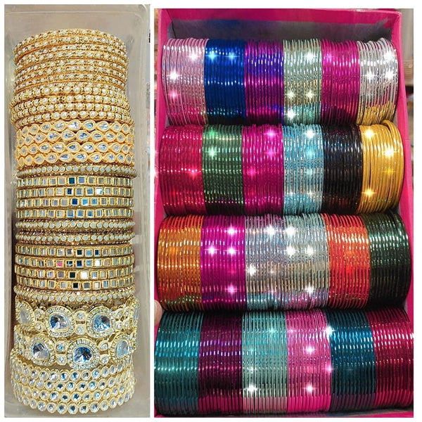 Pooja Bangles Gold Plated Kundan Stone Metal Bangles Set (Assorted Color )