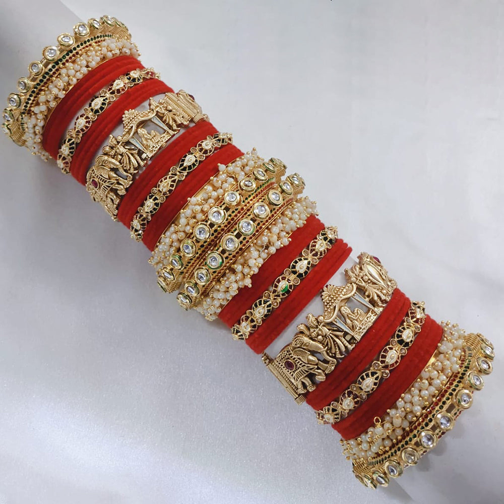 Pooja Bangles Gold Plated Kundan Stone And Pearls Bridal Chura Bangle Set Red