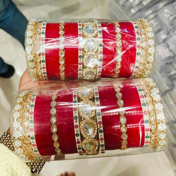 Pooja Bangles Gold Plated Kundan Stone And Pearls Acrylic Bangles Set