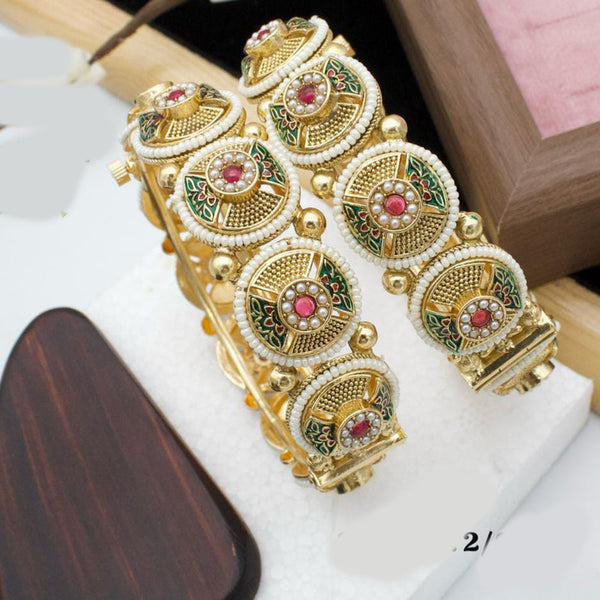 Pooja Bangles Gold Plated Pota Stone And Meenakari Openable Bangles Set