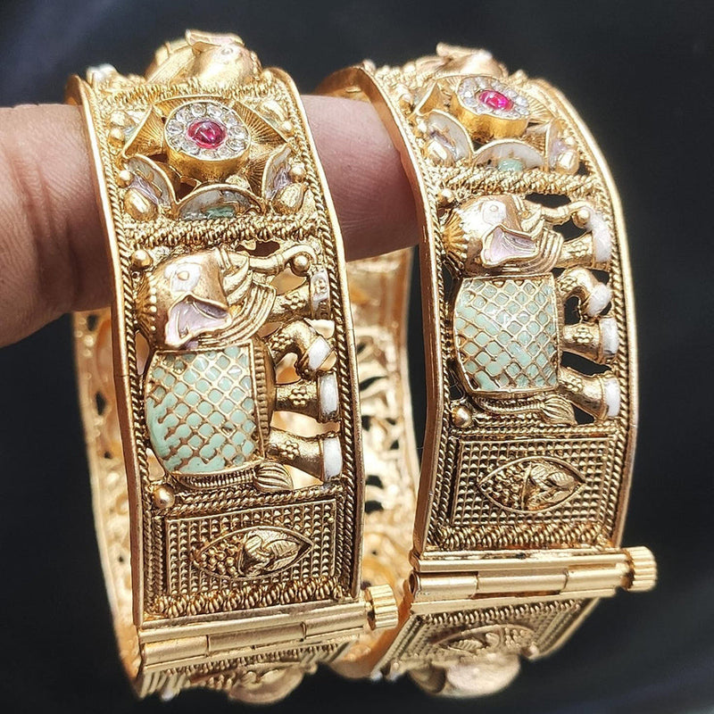 Pooja Bangles Gold Plated Pota Stone And Meenakari Openable Bangles Set