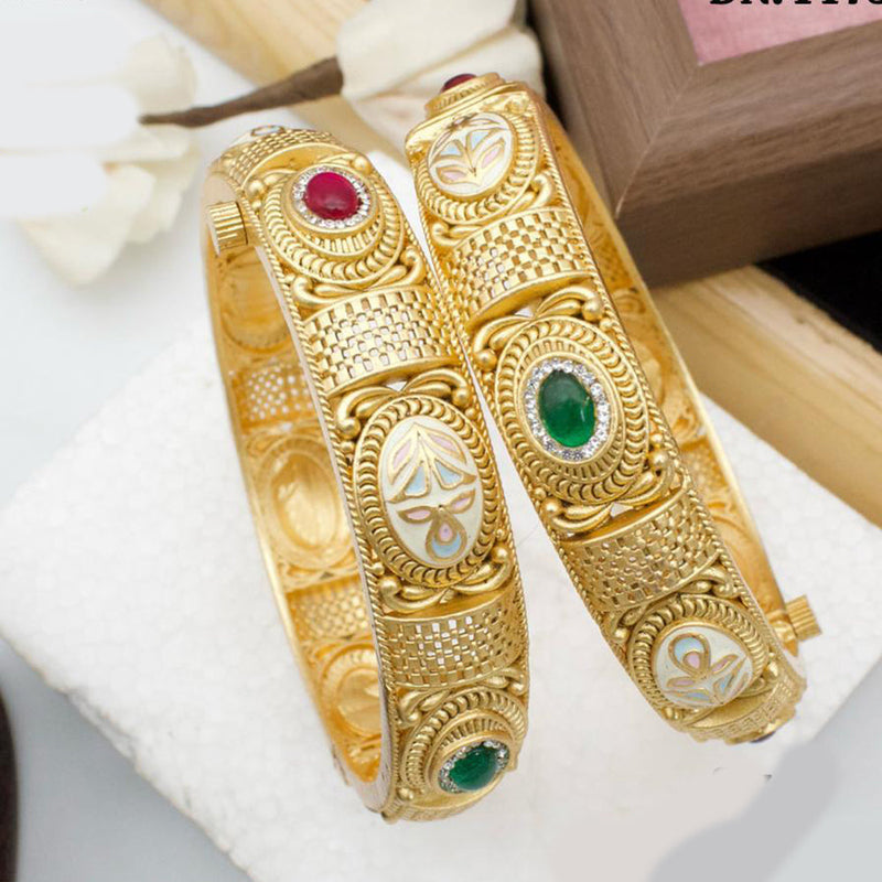 Pooja Bangles Gold Plated Pota Stone And Meenakari Openable Bangles Set