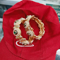 Pooja Bangles Gold Plated Pota Stone And Pearl Openable Bangle Set