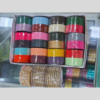 Pooja Bangles Stunning Gold Plated Multi Color Mirror And Pearl Metal Bangle Set