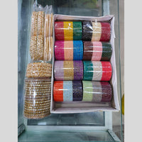 Pooja Bangles Stunning Gold Plated Multi Color Mirror And Pearl Metal Bangle Set