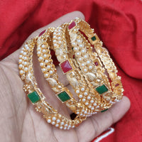 Pooja Bangles Gold Plated Crystal Stone And Pearl Bangles Set