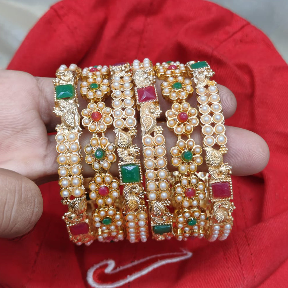 Pooja Bangles Gold Plated Crystal Stone And Pearl Bangles Set