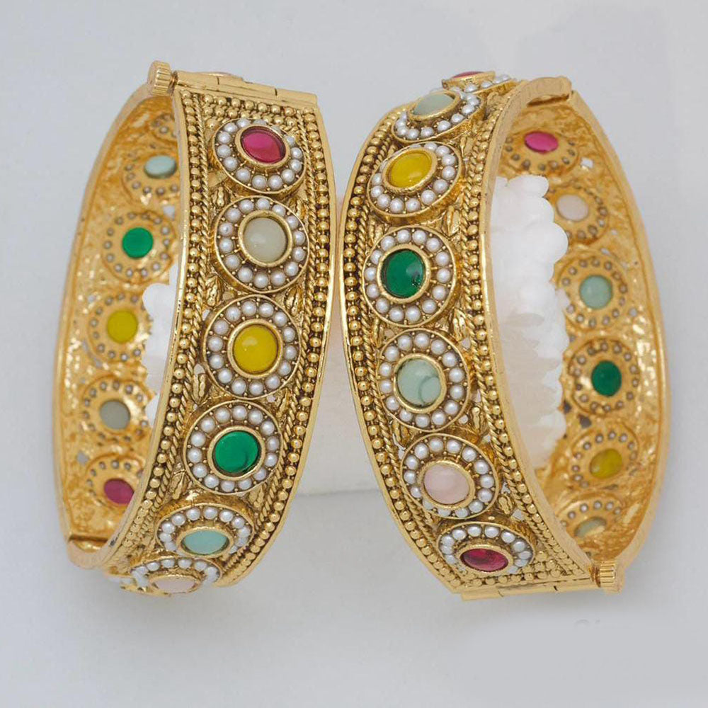 Pooja Bangles Gold Plated Pota Stone  And Pearl Openable Bangles Set