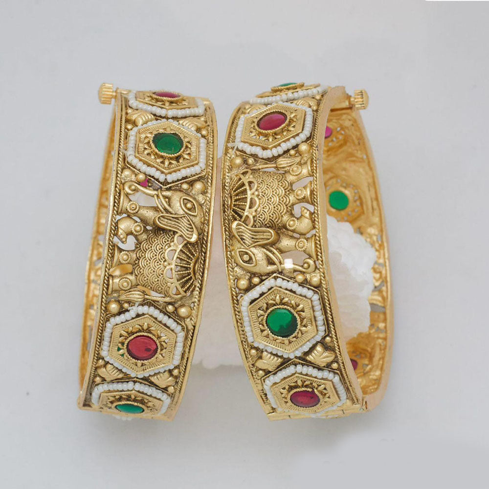 Pooja Bangles Gold Plated Pota Stone  And Pearl Openable Bangles Set