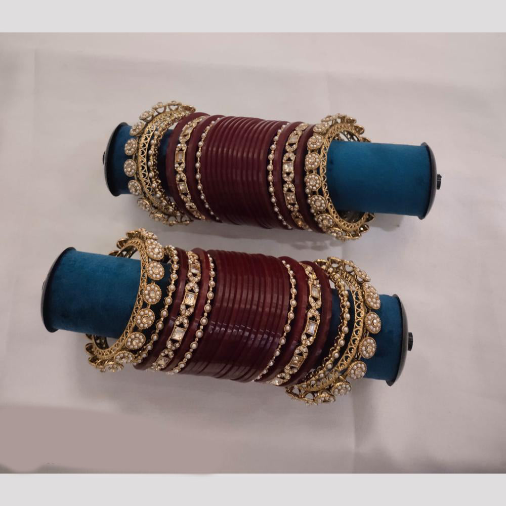 Pooja Bangles Gold Plated Austrian And Pearl Acrylic Bangles Set