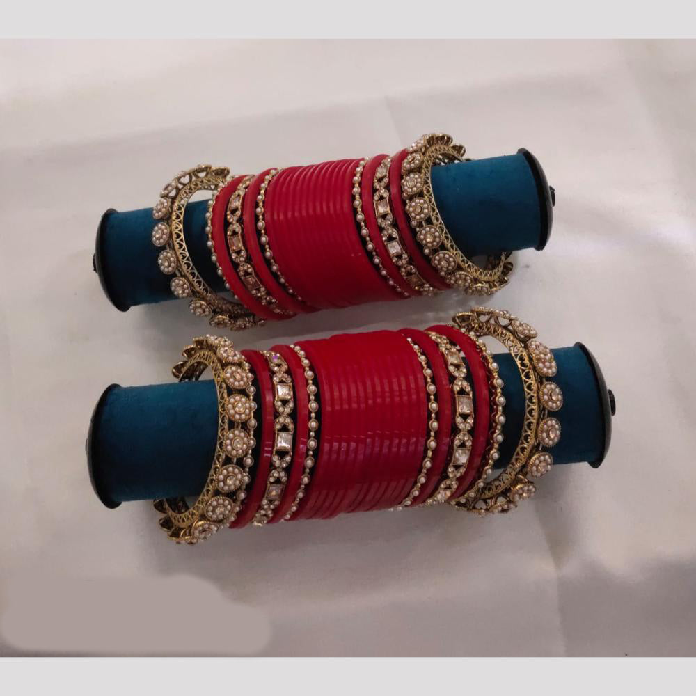 Pooja Bangles Gold Plated Austrian And Pearl Acrylic Bangles Set