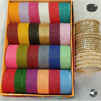 Pooja Bangles Stunning Gold Plated Multi Color Mirror And Pearl Metal Bangle Set