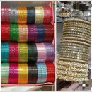 Pooja Bangles Stunning Gold Plated Multi Color Mirror And Pearl Metal Bangle Set