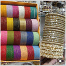 Pooja Bangles Stunning Gold Plated Multi Color Mirror And Pearl Metal Bangle Set
