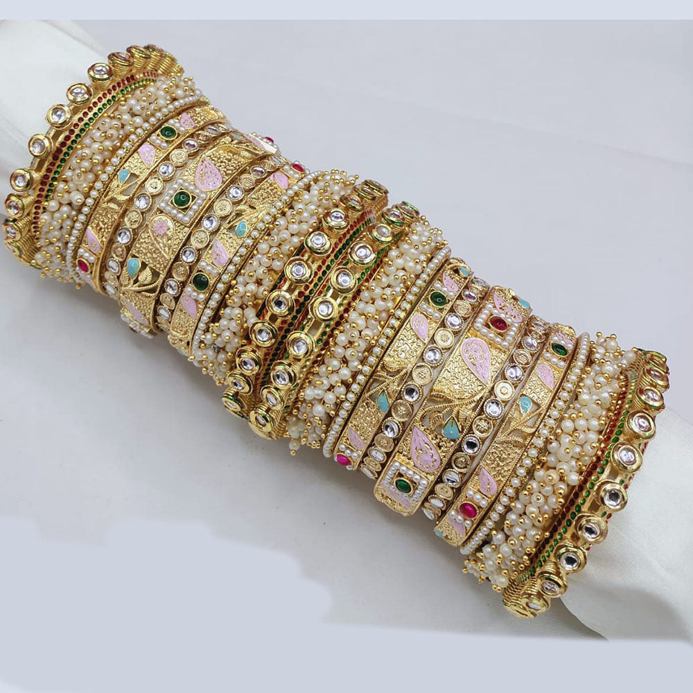 Pooja Bangles Elegant Kundan Stone And Pearl Meenakari Bangle Set