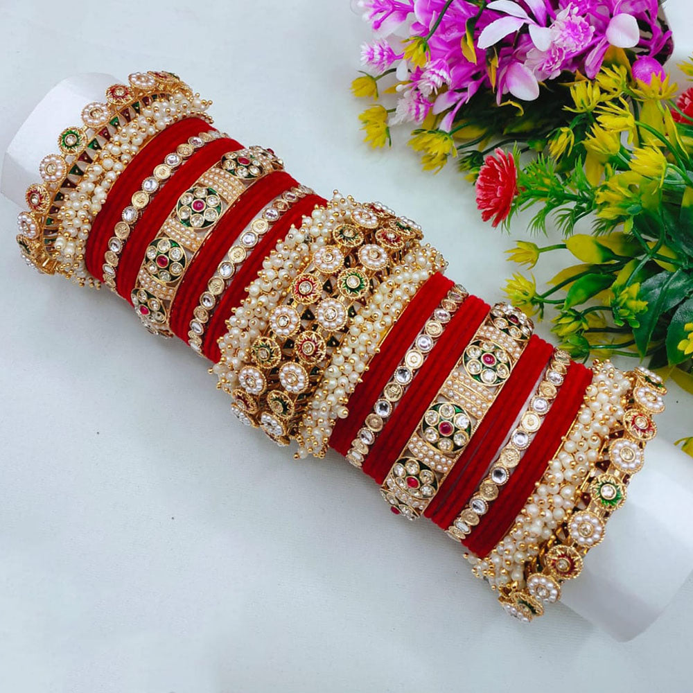 Pooja Bangles Elegant Shine Kundan Stone And Pearl Bangle Set
