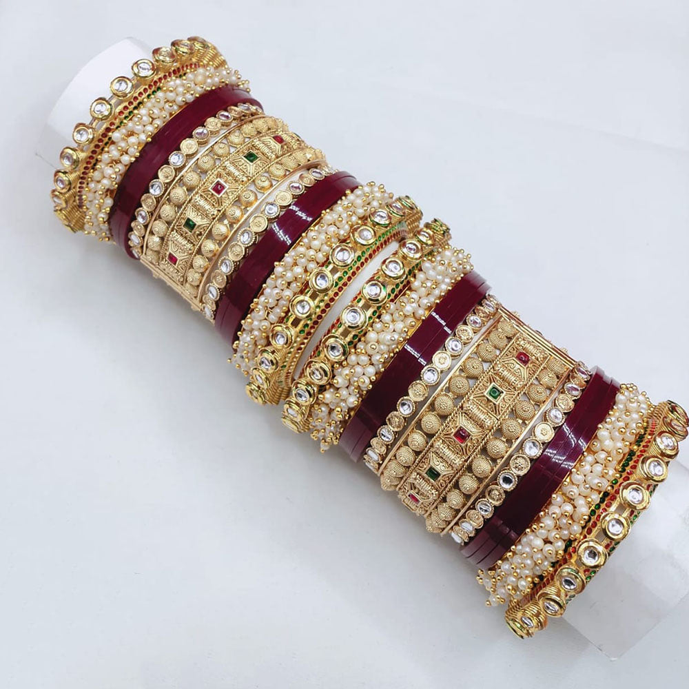 Pooja Bangles Elegant Shine Kundan Stone And Pearl Bangle Set
