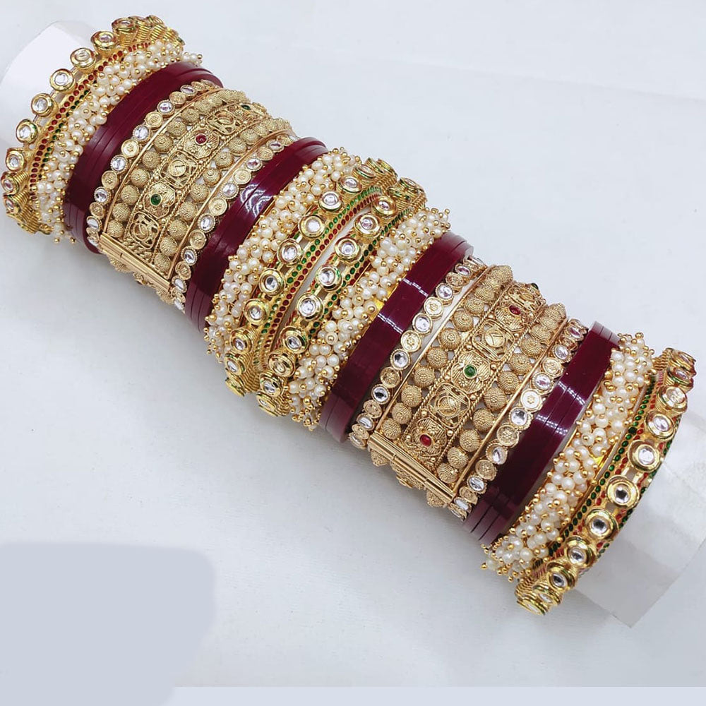 Pooja Bangles Elegant Shine Kundan Stone And Pearl Bangle Set
