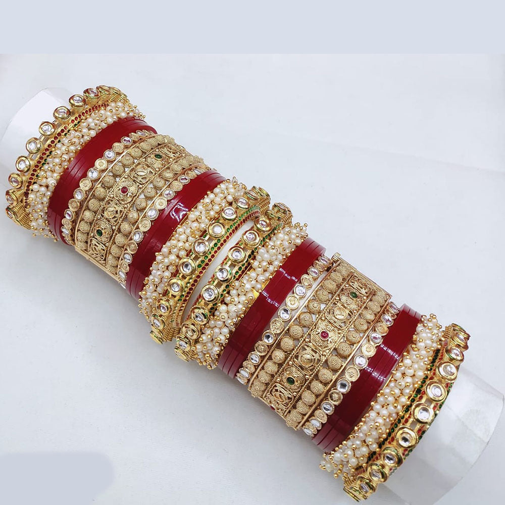 Pooja Bangles Elegant Shine Kundan Stone And Pearl Bangle Set