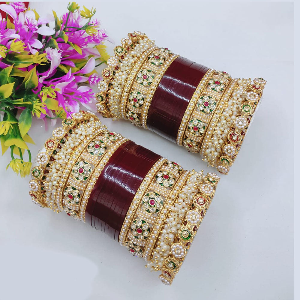 Pooja Bangles Elegant Shine Kundan Stone And Pearl Bangle Set