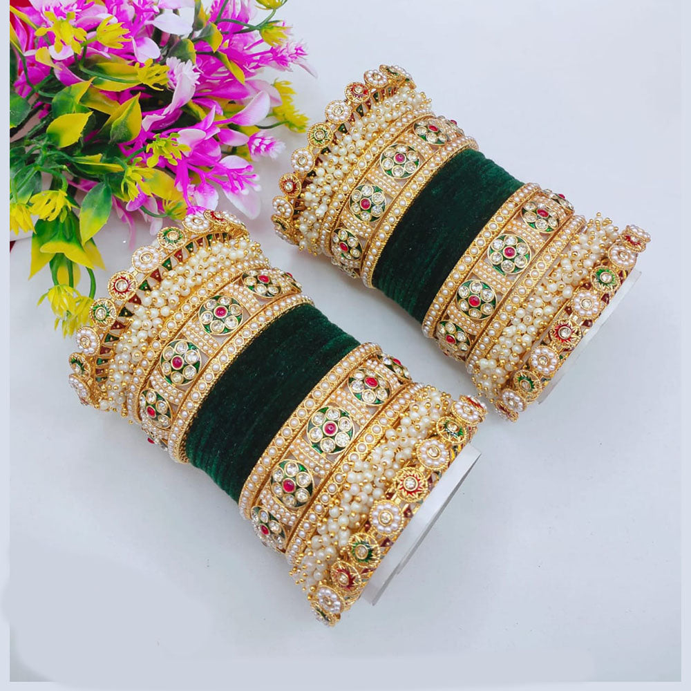 Pooja Bangles Elegant Shine Kundan Stone And Pearl Bangle Set