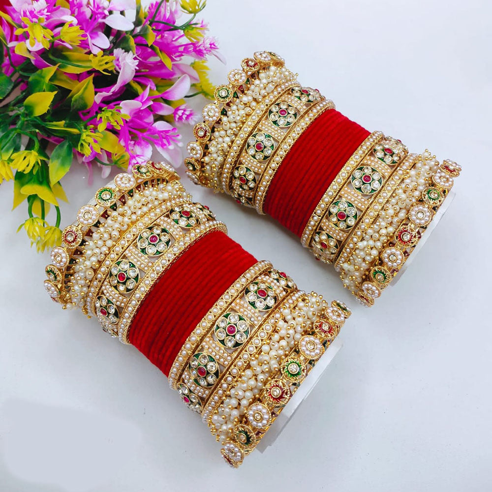 Pooja Bangles Elegant Shine Kundan Stone And Pearl Bangle Set