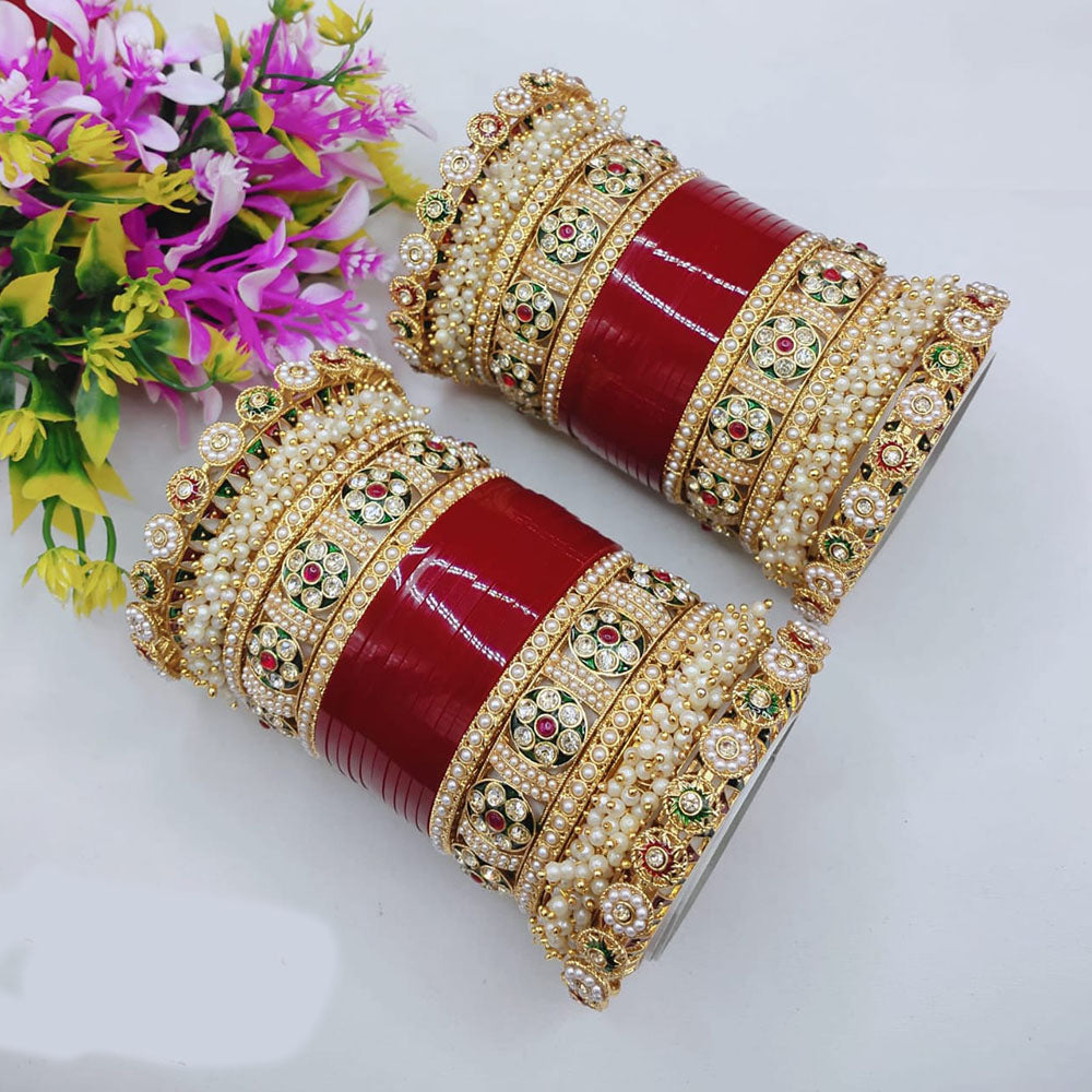 Pooja Bangles Elegant Shine Kundan Stone And Pearl Bangle Set