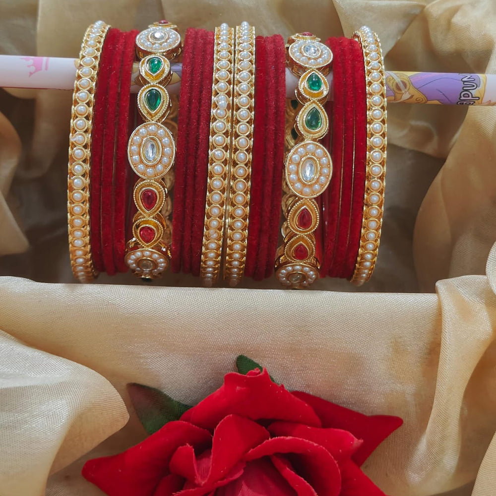Pooja Bangles Designer Pota And Pearls Velvet Bangles Luxurious Gold Plated Set For Festive Occasions