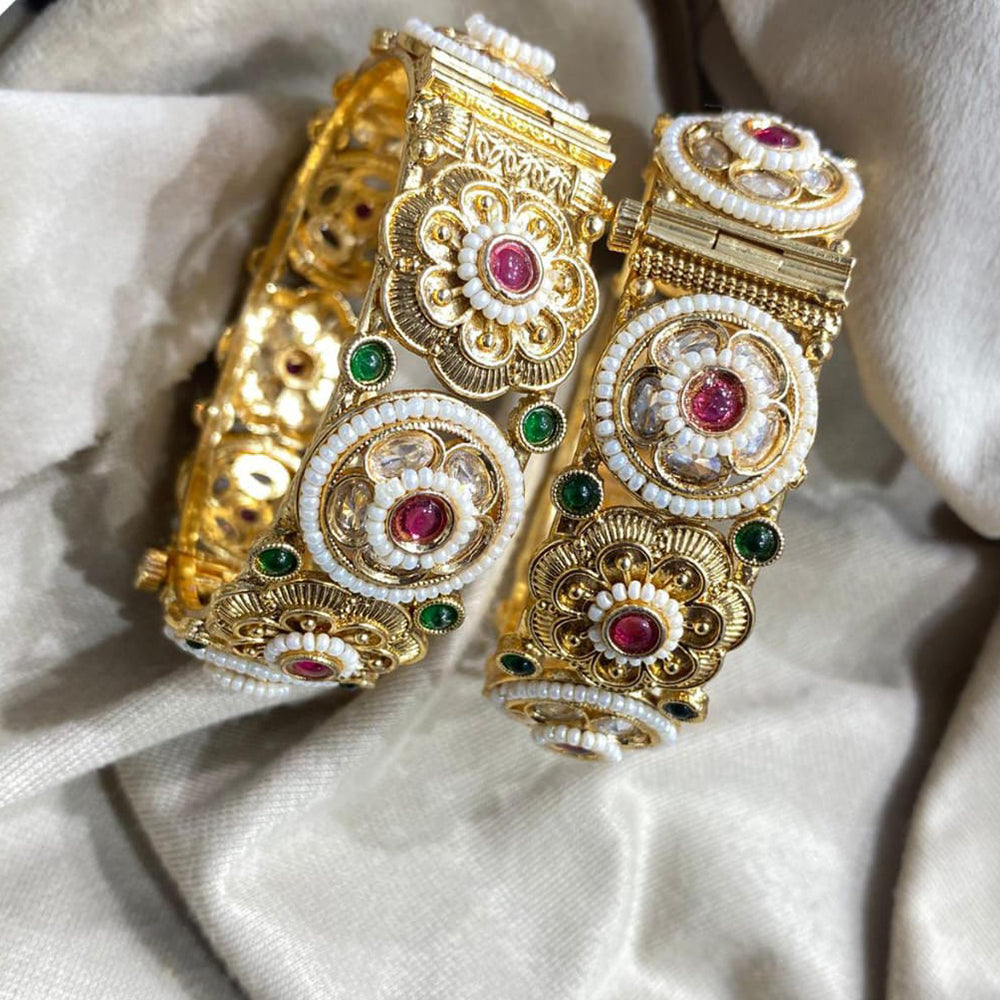 Pooja Bangles Traditional Floral Design with Pota Stone Openable Bangles Set