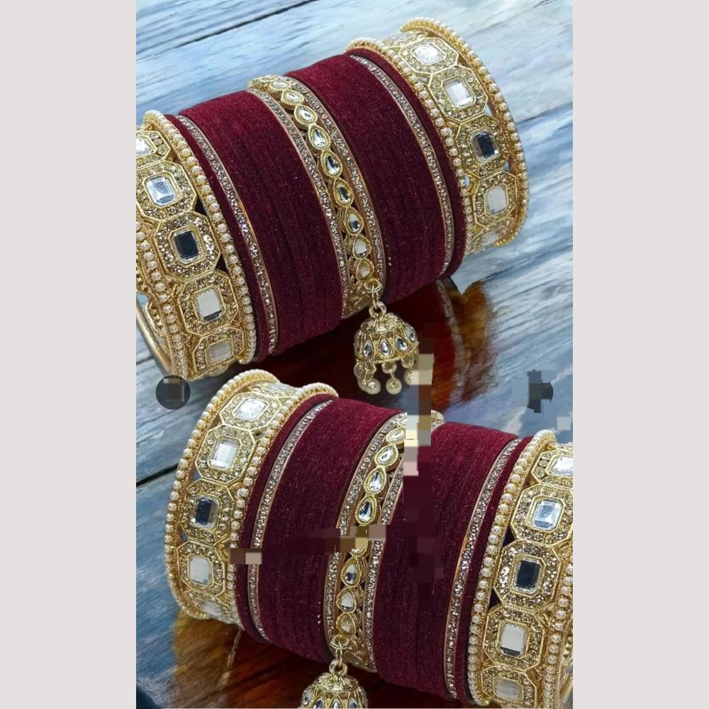 Pooja Bangles Designer Velvet And Pearl Kundan Bangles Set