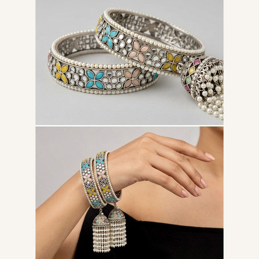 Pooja Bangles Oxidised Finish Pota Stone And Pearl Designer Bangles Set