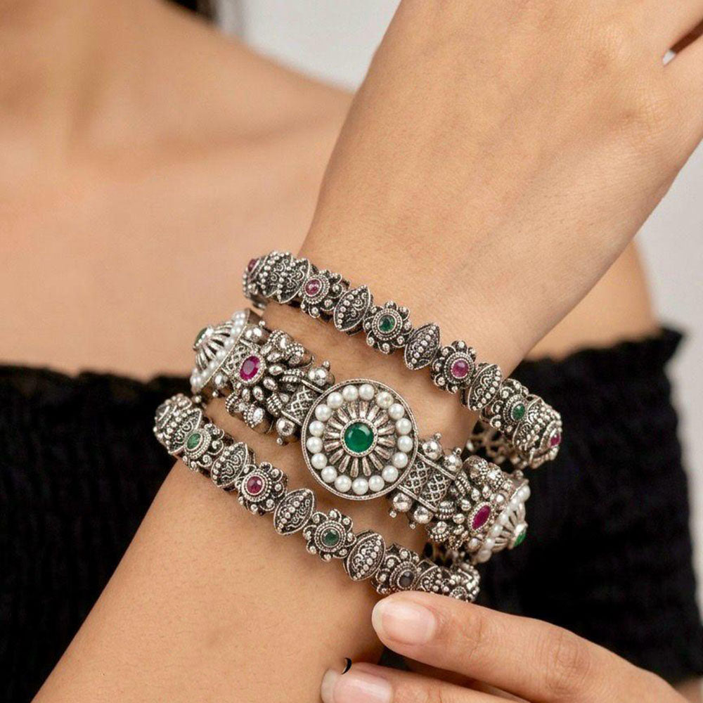 Pooja Bangles Oxidised Finish Pota Stone And Pearl Designer Bangles Set