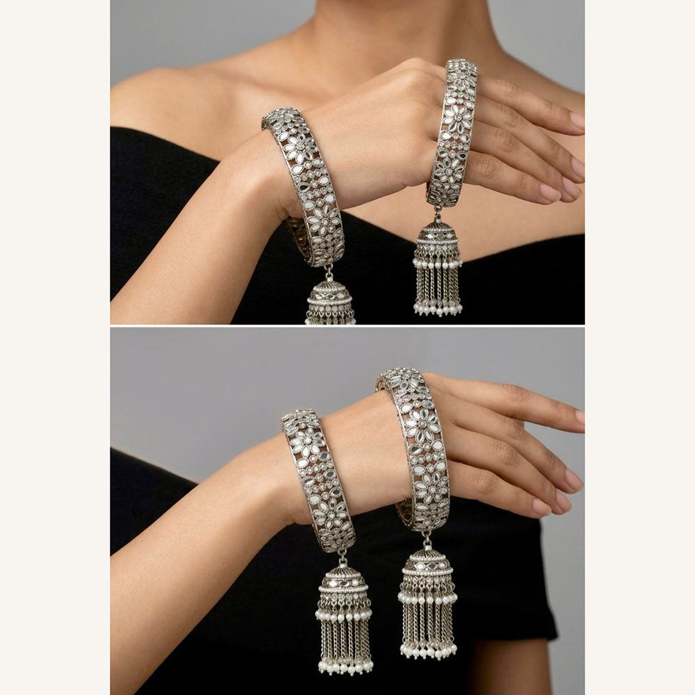 Pooja Bangles Vintage Style Mirror Work And Pearl Oxidised Bangles Set