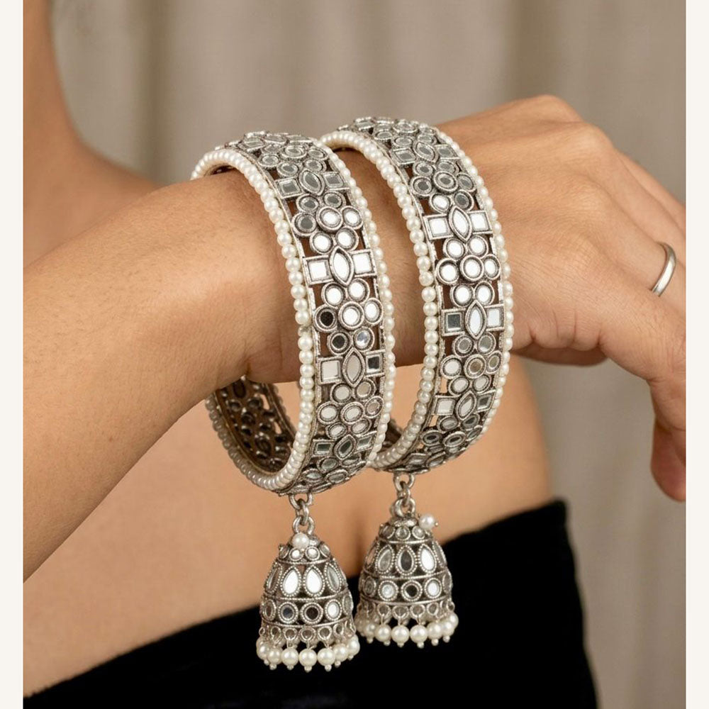 Pooja Bangles Vintage Style Mirror Work And Pearl Oxidised Bangles Set