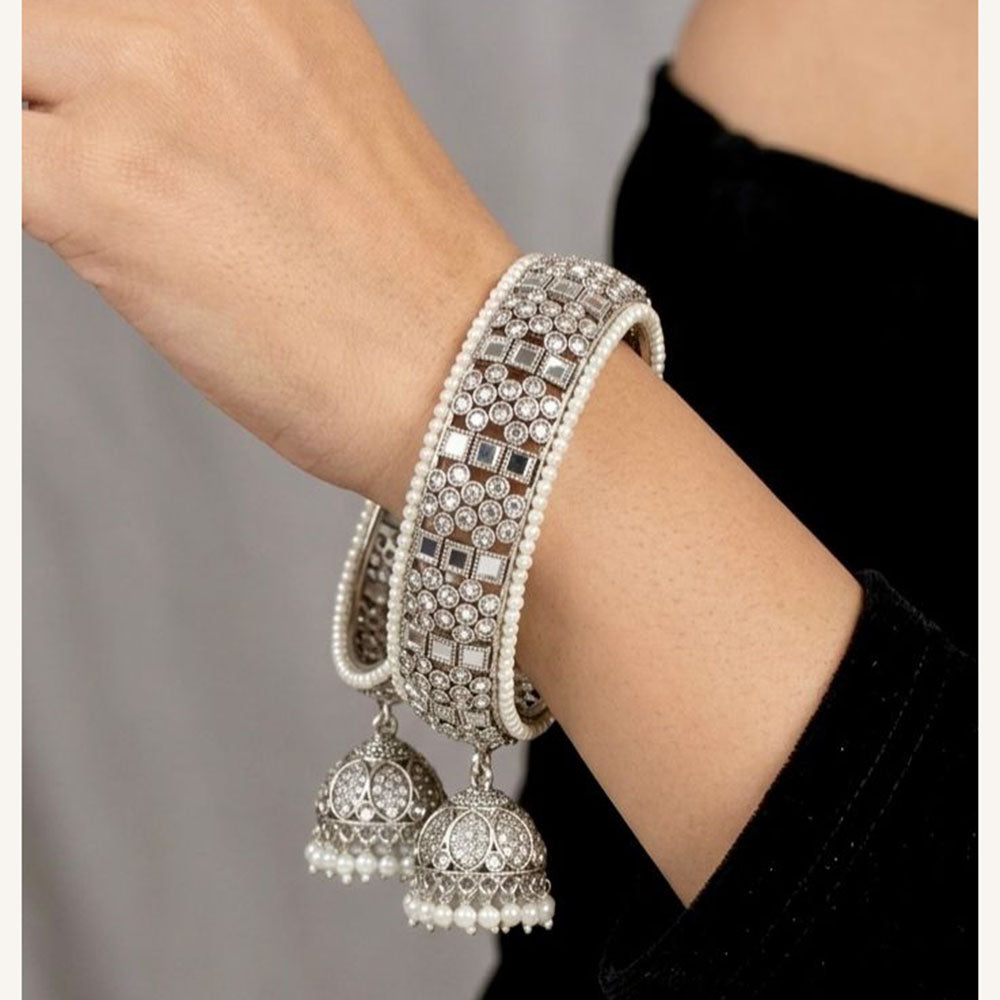 Pooja Bangles Vintage Style Mirror Work And Pearl Oxidised Bangles Set