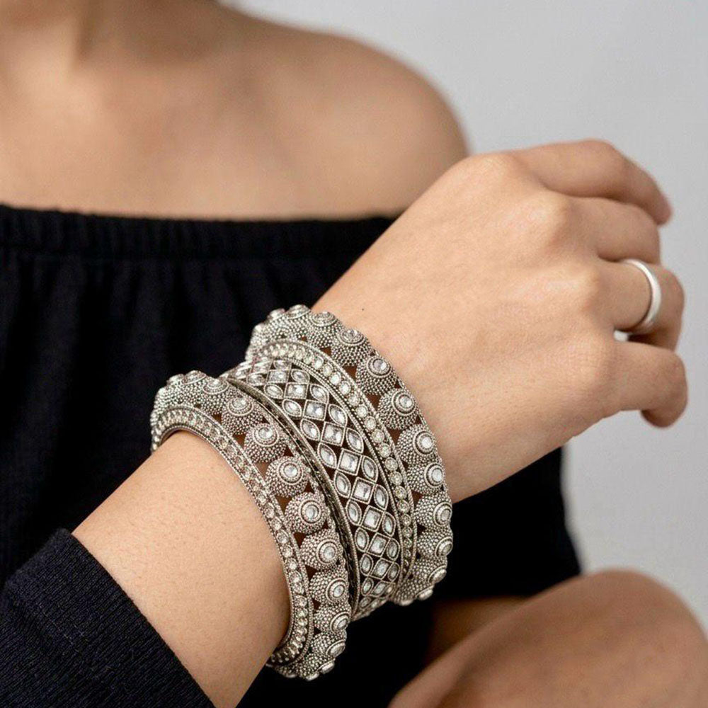 Pooja Bangles Oxidised Finish Kundan Stone And Pearl Designer Bangles Set