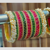Pooja Bangles Royal Green Pink Raindrop Embellished Glass Bangles Set