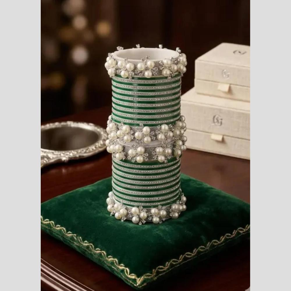 Pooja Bangles Glamorous Austrian Stone Pearl Occasion Wear Bangles Set