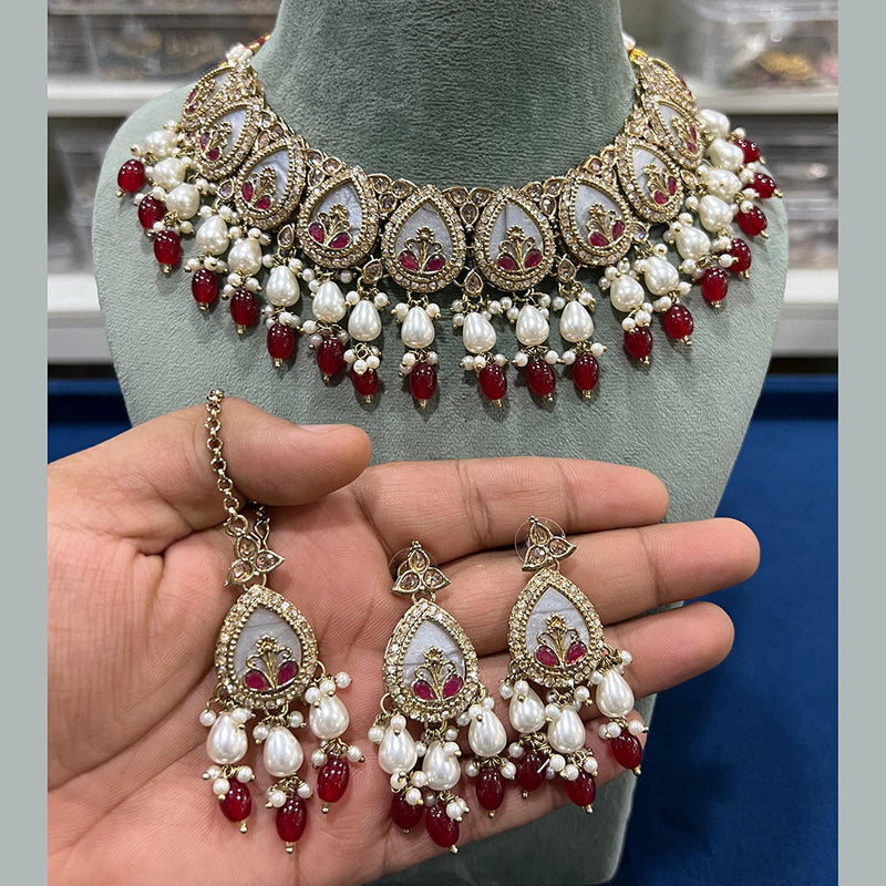 Hira Collections Gold Plated Crystal Stone Pearl And Beads Necklace Set