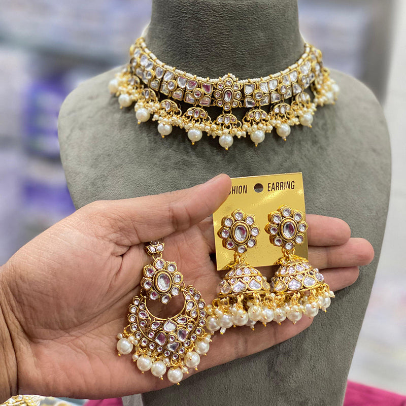 Hira Collections Gold Plated Kundan Stone And Pearl Necklace Set