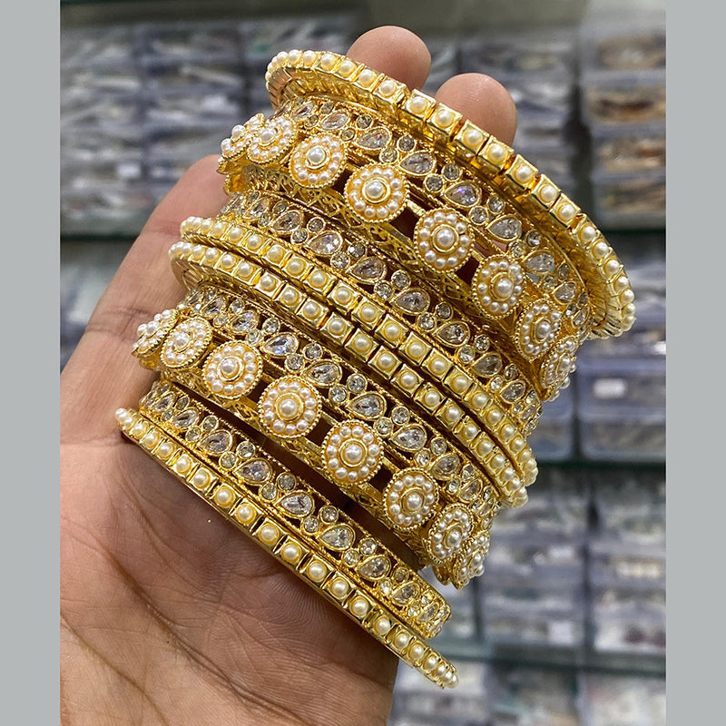 Hira Collections Gold Plated Crystal Stone And Pearl Bangle Set