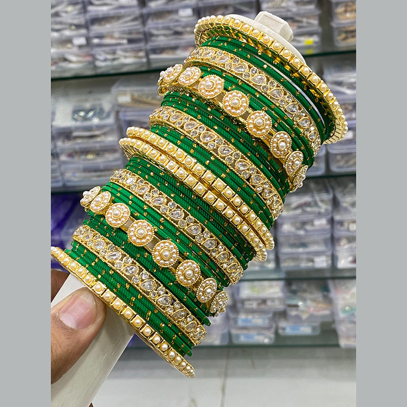 Hira Collections Gold Plated Crystal Stone And Pearl Bangle Set