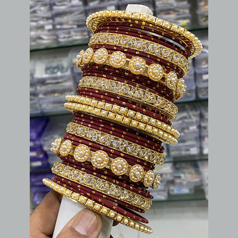 Hira Collections Gold Plated Crystal Stone And Pearl Bangle Set