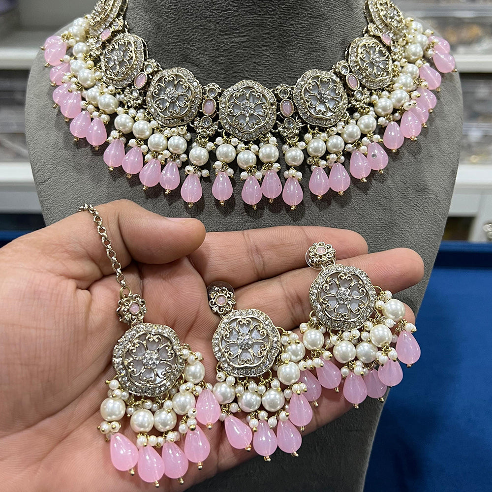 Hira Collections Gold Plated Austrian Stone And Pearls Choker Necklace Set