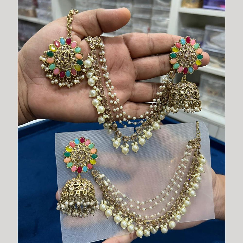 Hira Collections Gold Plated Crystal Stone & Beads Jhumkis Earrings With Maang tikka