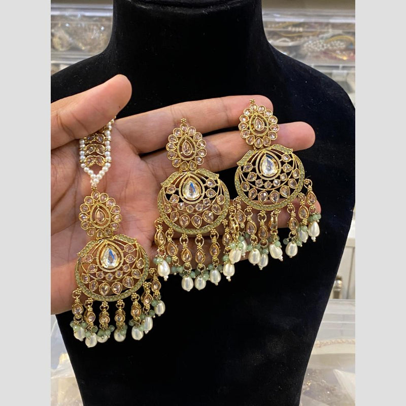 Hira Collections Gold Plated Pearl Dangler Earrings With Maangtikka