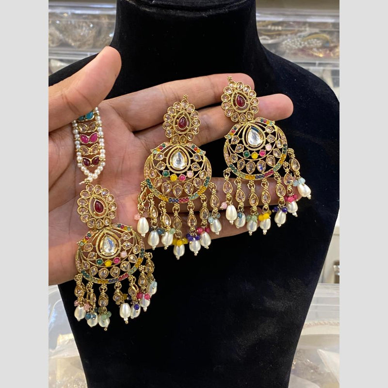 Hira Collections Gold Plated Pearl Dangler Earrings With Maangtikka