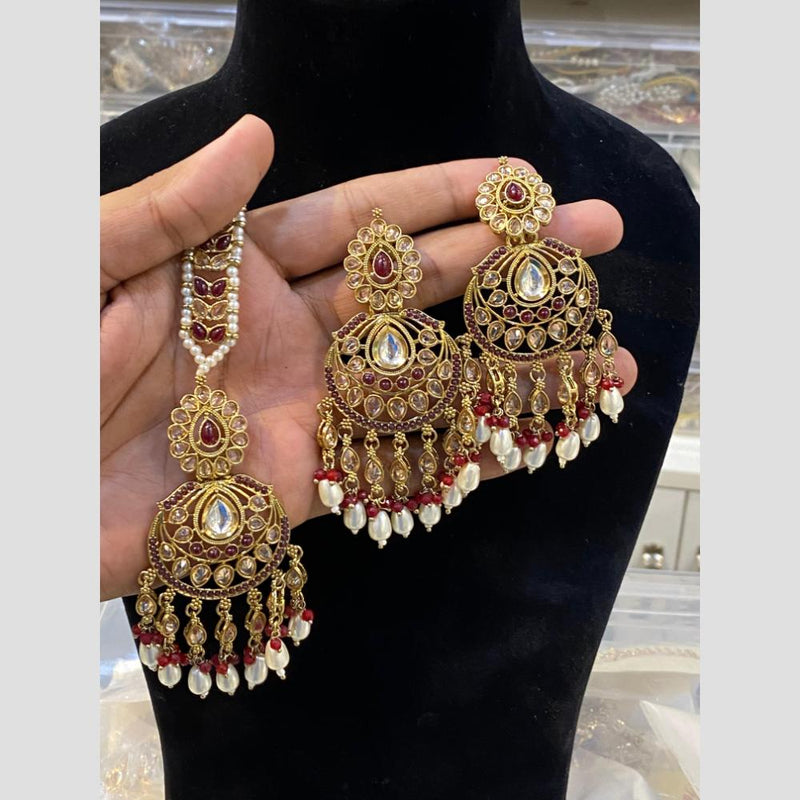 Hira Collections Gold Plated Pearl Dangler Earrings With Maangtikka