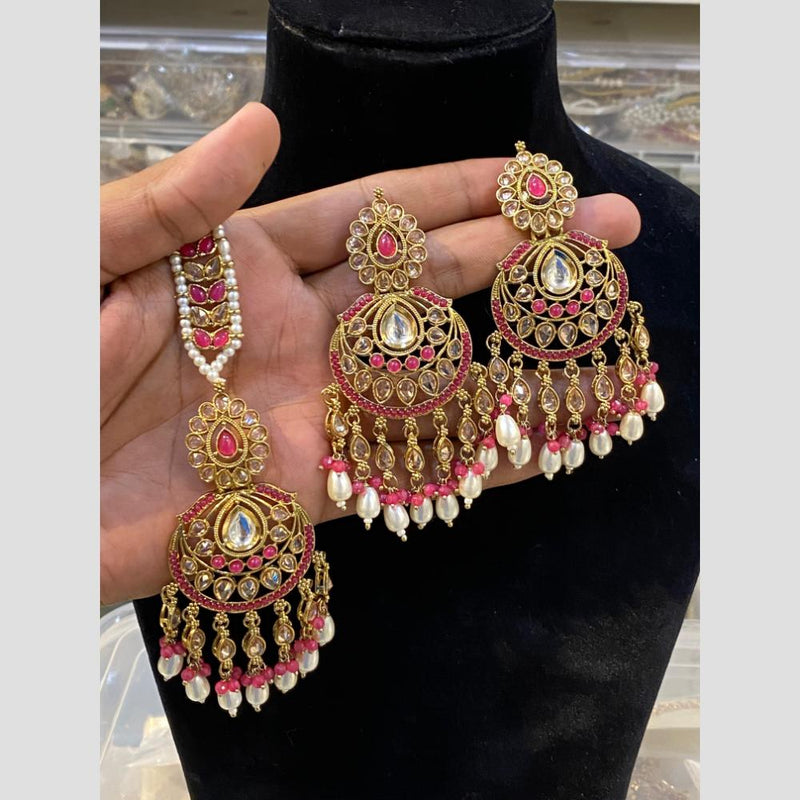 Hira Collections Gold Plated Pearl Dangler Earrings With Maangtikka