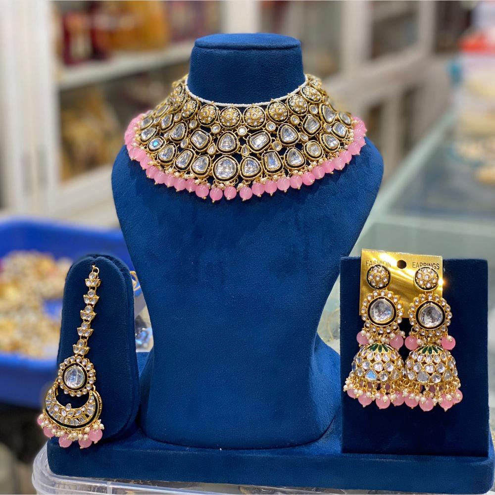 Hira Collections Gold Plated Kundan Stone And Pearls Choker Necklace Set